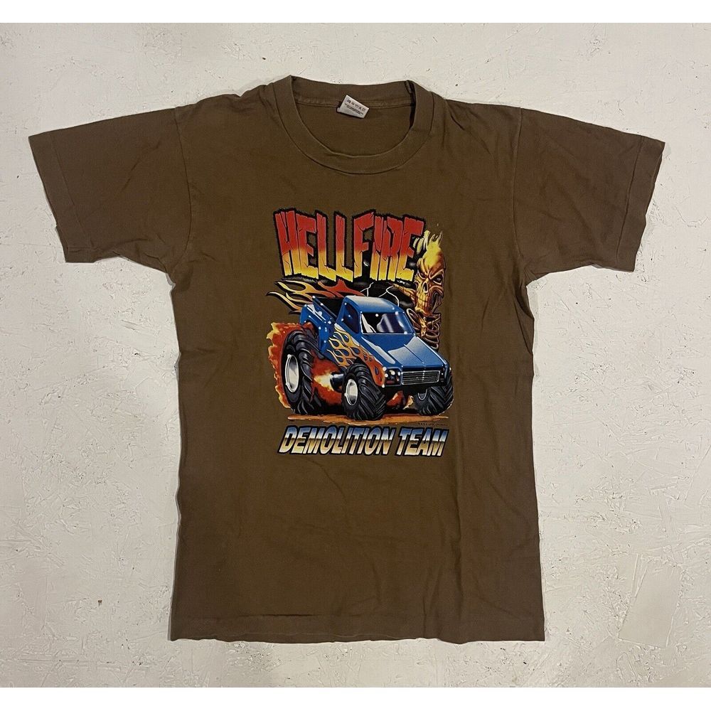 Vintage Hellfire Demolition Team Monster Truck Shirt Mens Small‎ Brown Comfort